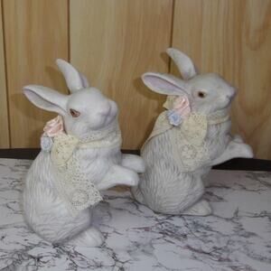 Vintage Set of 2 White Ceramic Bunny Figurines Shabby Chic Easter Decor